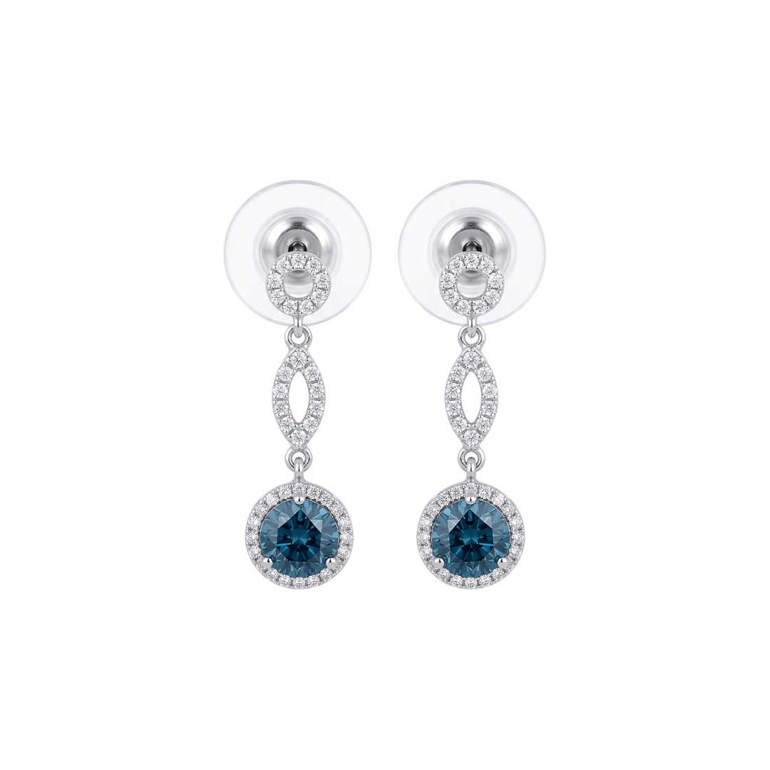Caribbean Gems 18kt white gold drop earrings featuring blue and white diamonds in a sophisticated halo design.