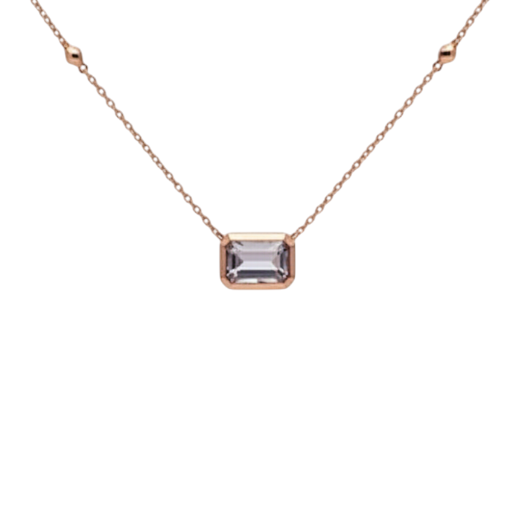 Caribbean Gems 14kt rose gold pendant featuring a rectangular morganite solitaire on a delicate chain