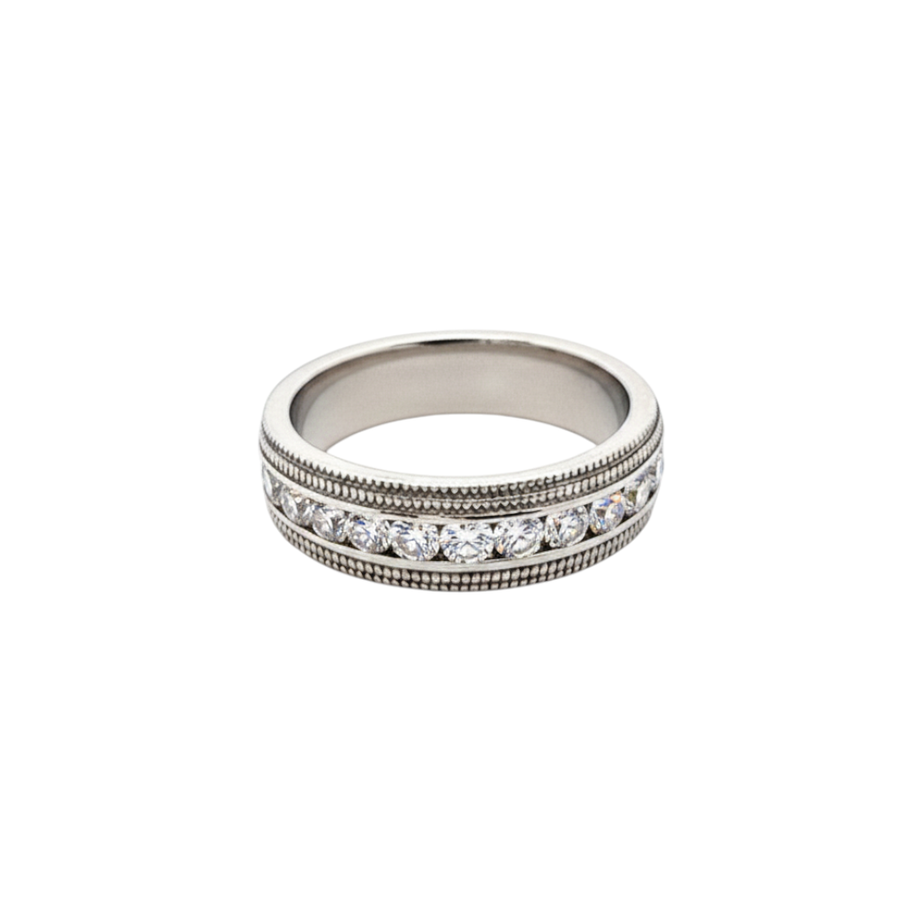 Caribbean Gems 14kt white gold diamond band with round brilliant diamonds and intricate milgrain detailing