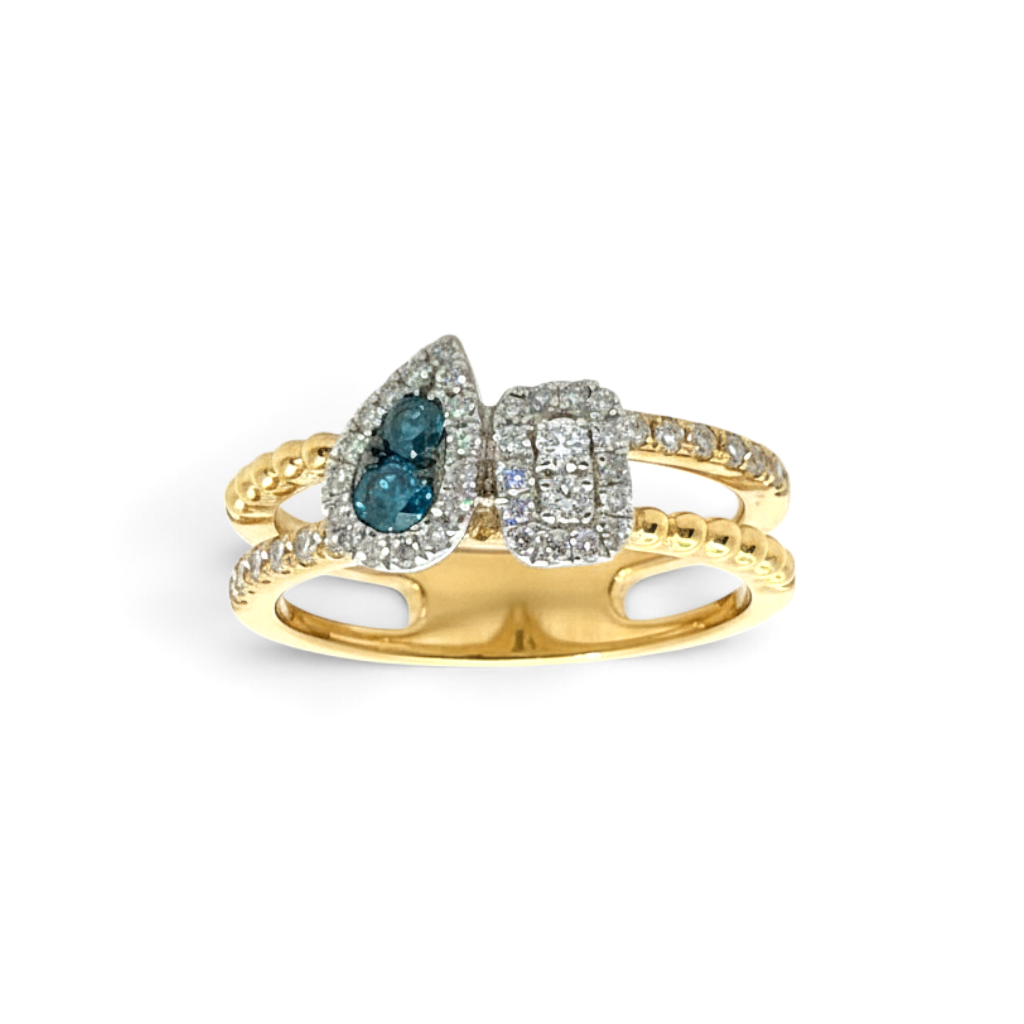 Caribbean Gems two-tone 14kt gold ring featuring round-cut blue and white diamonds in a unique split-band design.