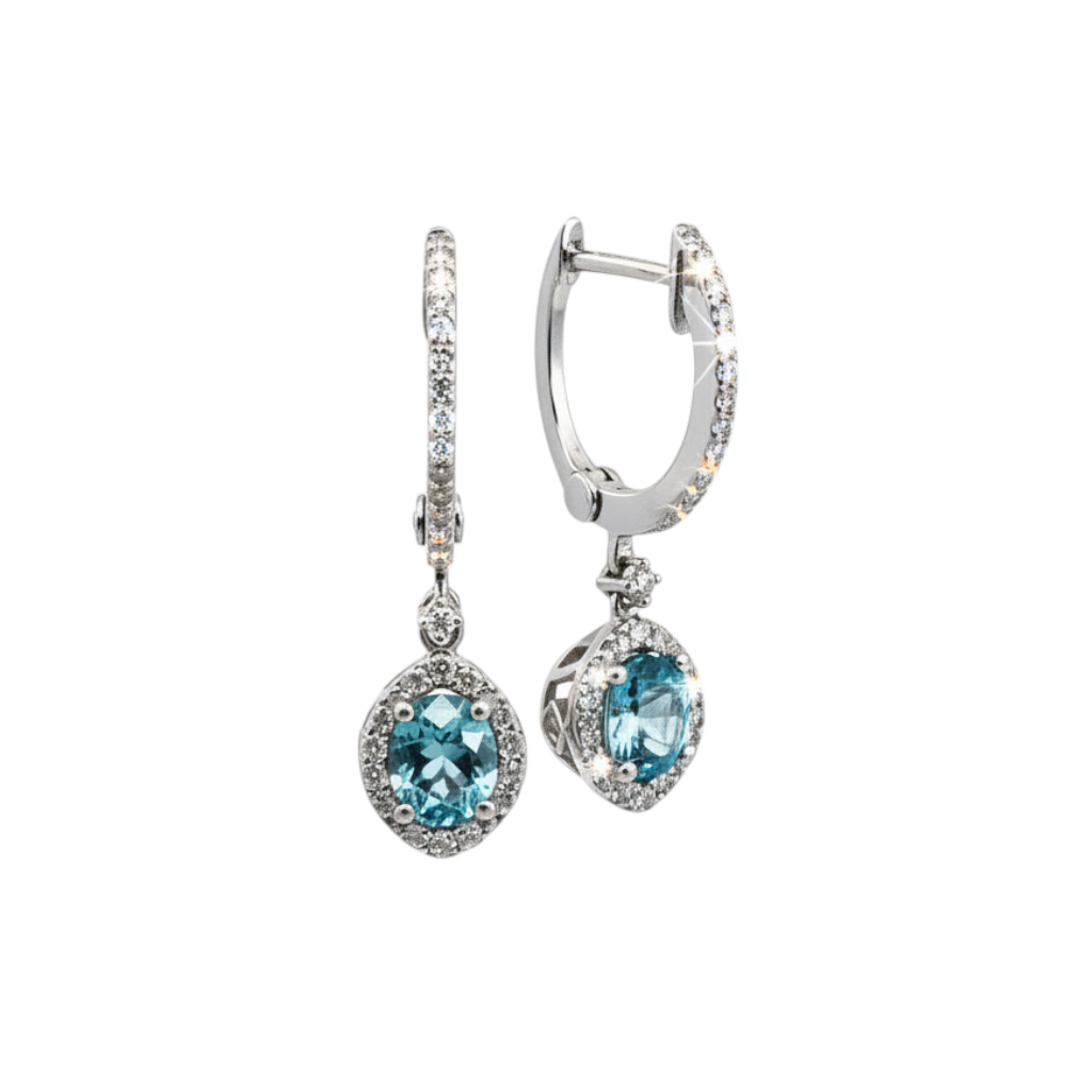 Caribbean Gems 14kt white gold drop earrings with oval blue diamonds and clear diamond halos