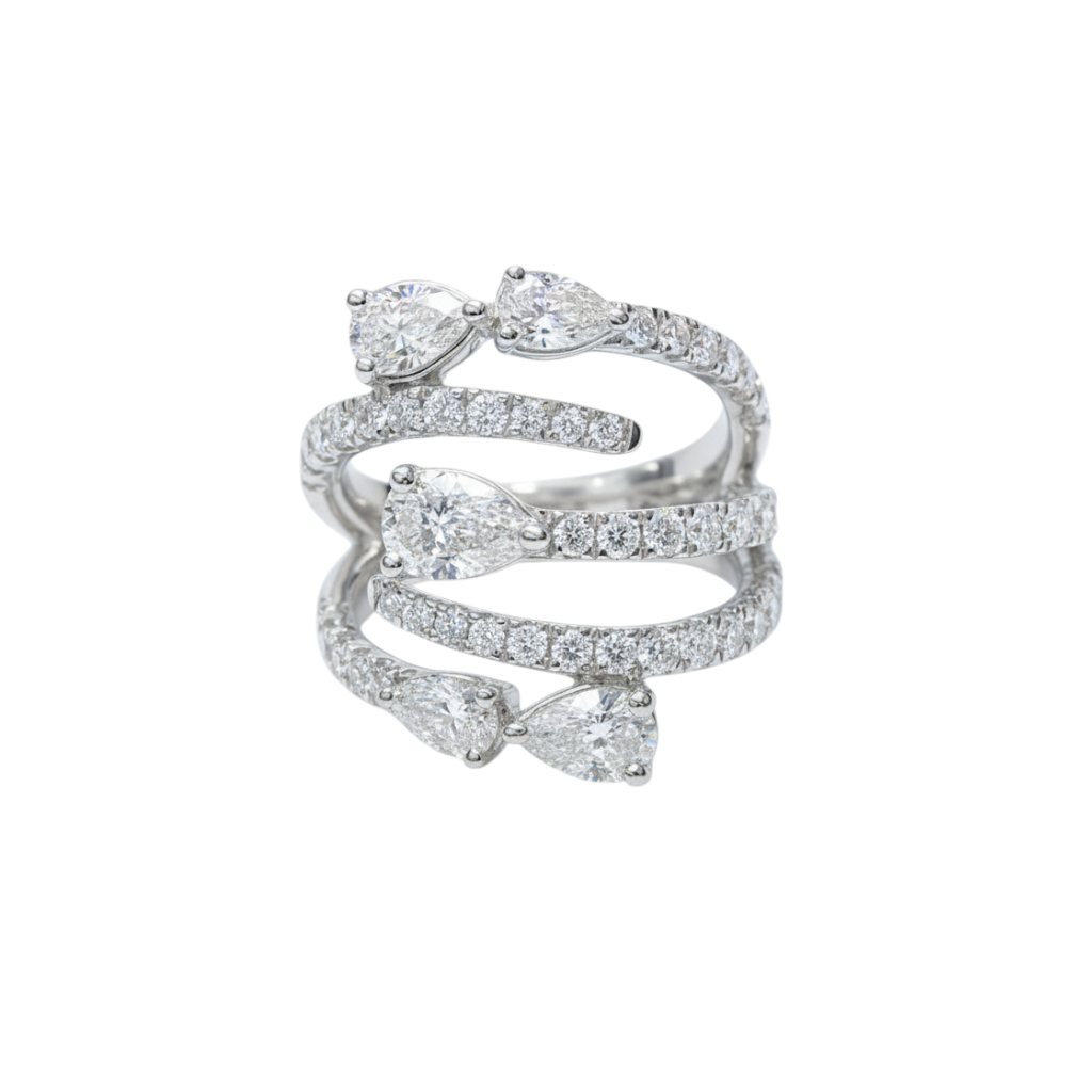 Caribbean Gems 14K white gold spiral ring featuring pear and round lab diamonds in a sophisticated wrap design.