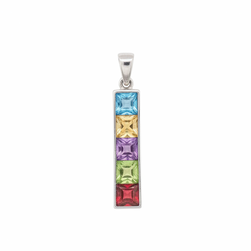 Caribbean Gems multicolored sapphire pendant featuring square-cut stones in a 14kt white gold vertical bar setting.