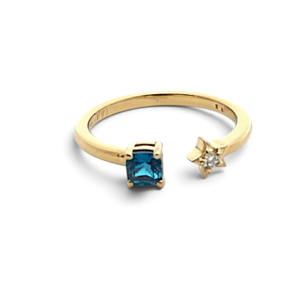 Caribbean Gems 14kt yellow gold open ring featuring a square blue sapphire and a star-shaped white diamond accent.