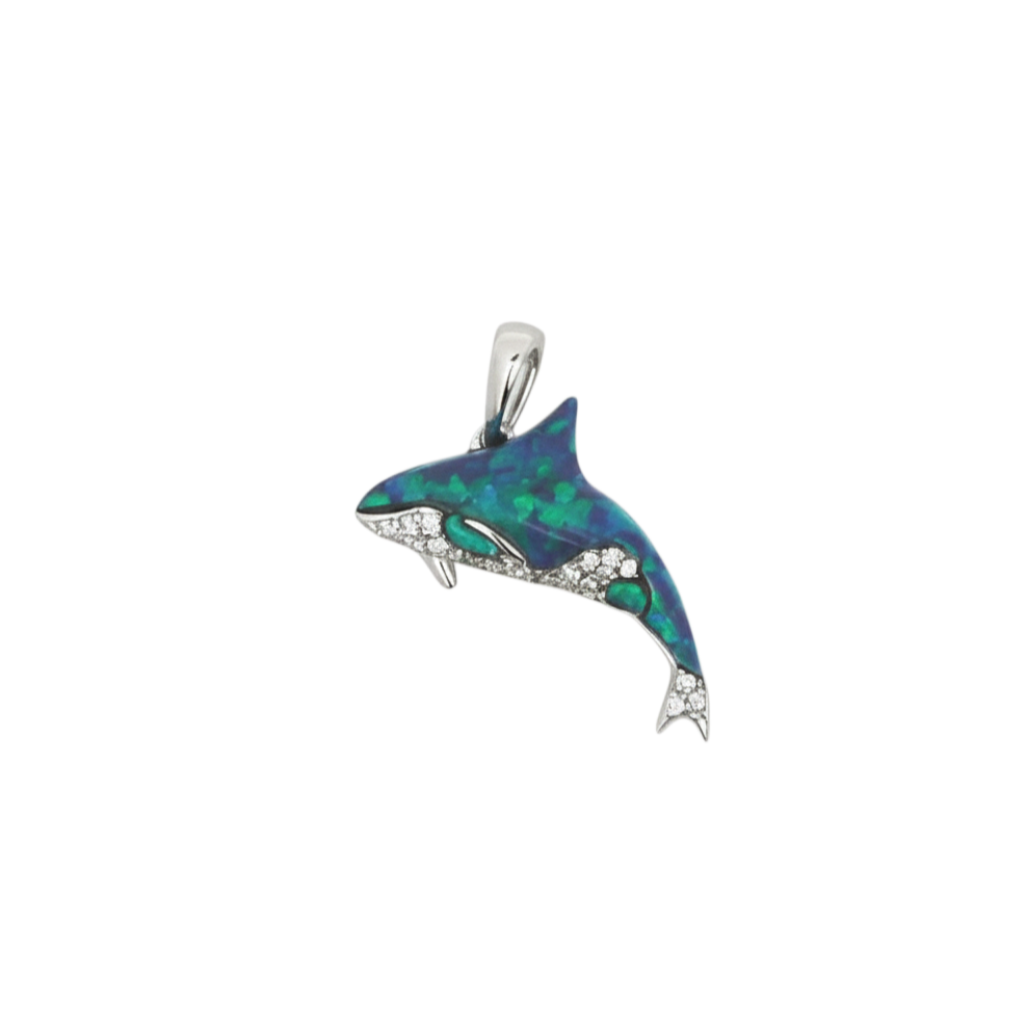 Caribbean Gems dolphin pendant in 14kt white gold with iridescent opal and sparkling diamond accents