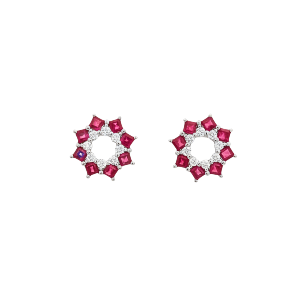 Flower Ruby and Diamond Stud Earrings