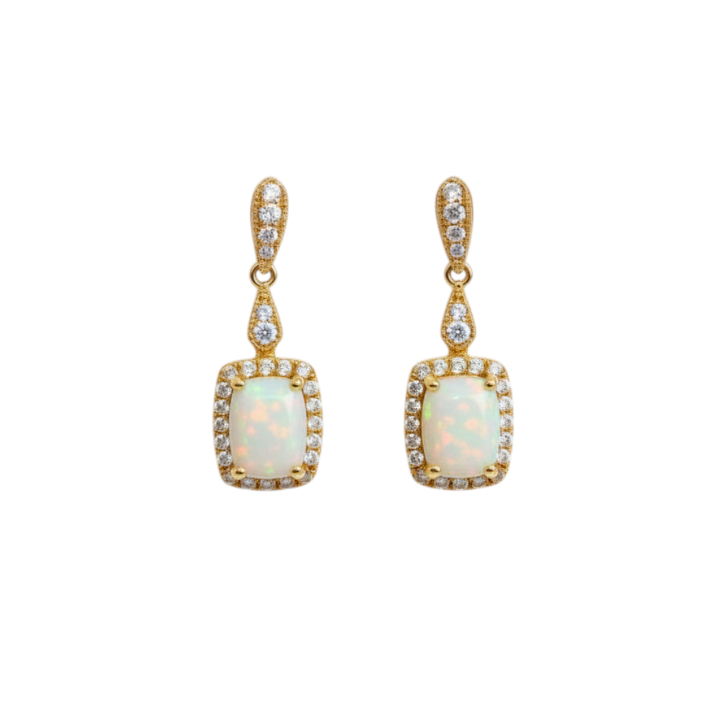Caribbean Gems 14kt yellow gold drop earrings featuring rectangular opals surrounded by sparkling diamond halos.