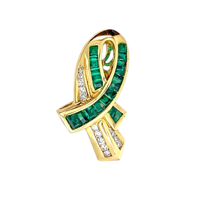 Caribbean Gems 14kt yellow gold slide pendant featuring baguette-cut emeralds and round diamonds in a ribbon design.