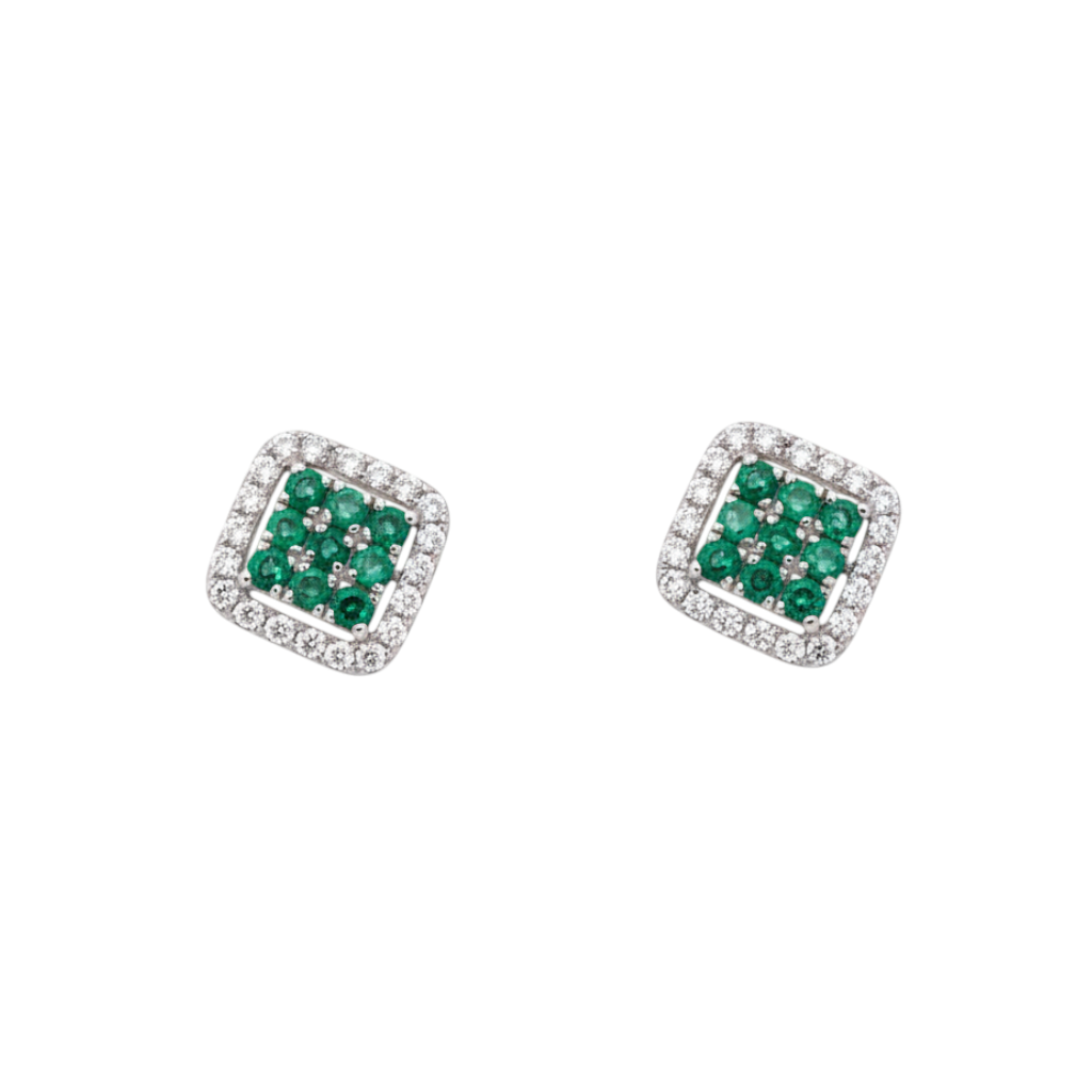 Caribbean Gems square emerald and diamond stud earrings in 14kt white gold with a cluster design