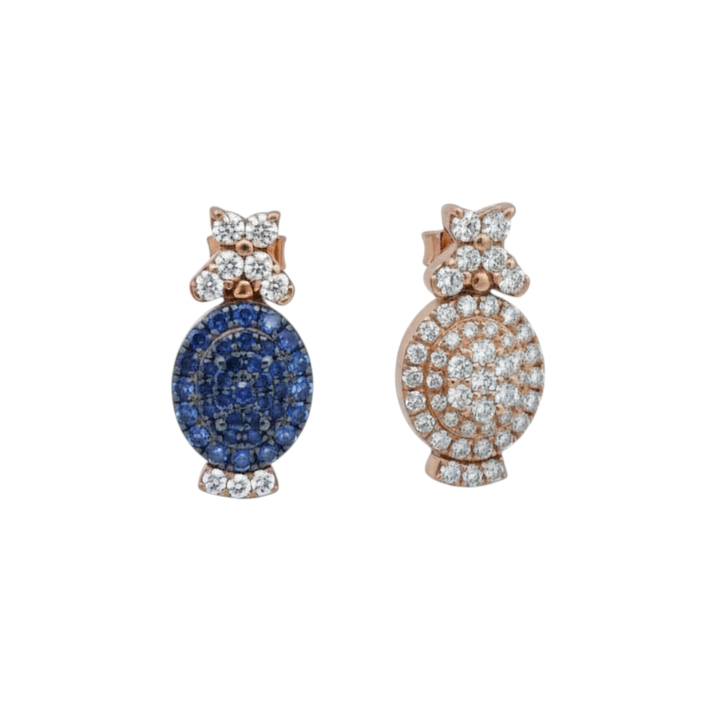 Caribbean Gems revisable drop earrings in 14kt rose gold with blue and white diamonds in a sophisticated design.