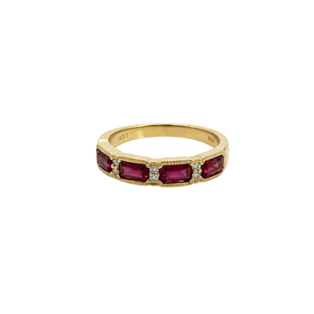 Caribbean Gems 14kt yellow gold ring featuring baguette-cut rubies and small round diamonds in a milgrain setting.