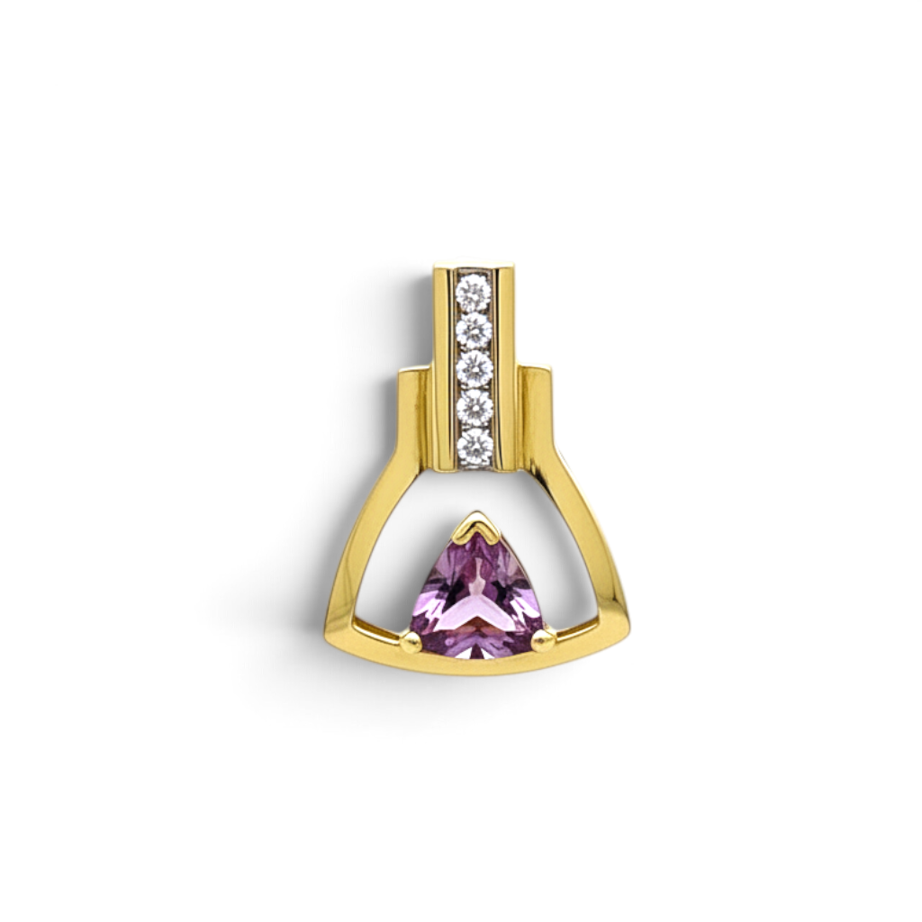 Caribbean Gems trillion-cut pink sapphire and diamond pendant set in 14kt yellow gold on a white background.