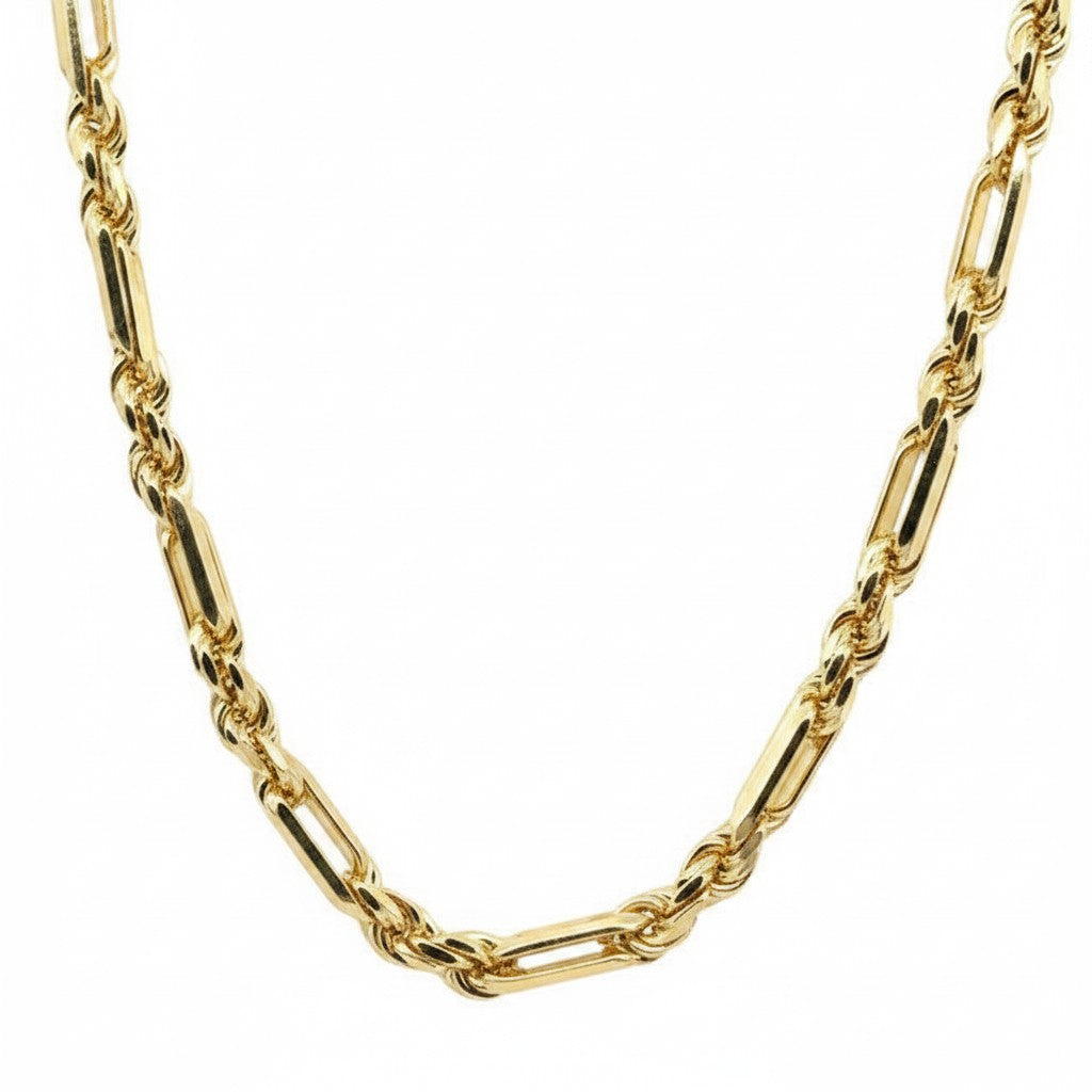 Caribbean Gems 14kt yellow gold Figaro link chain with diamond cut rope texture, 24 inches long.