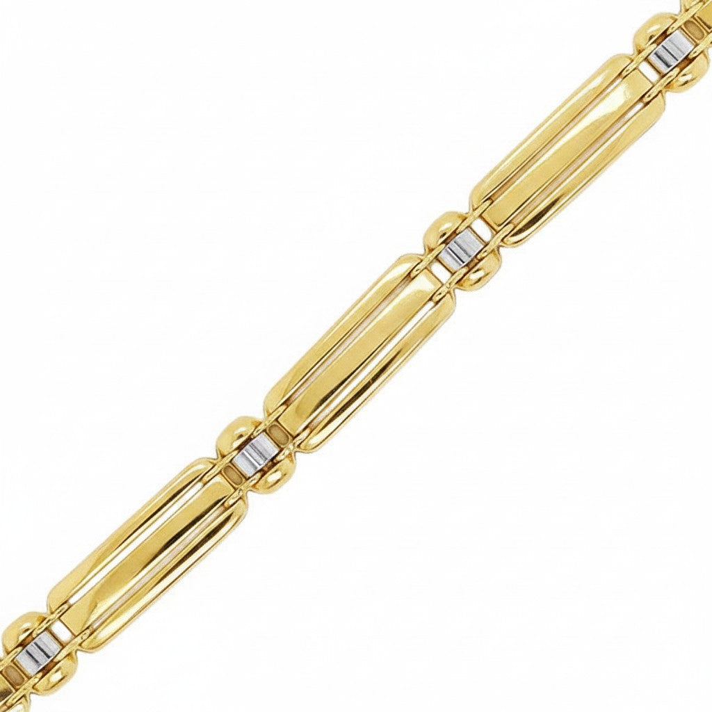 Caribbean Gems 14kt yellow gold mens bracelet featuring a sophisticated mix of brushed and shiny textured links.