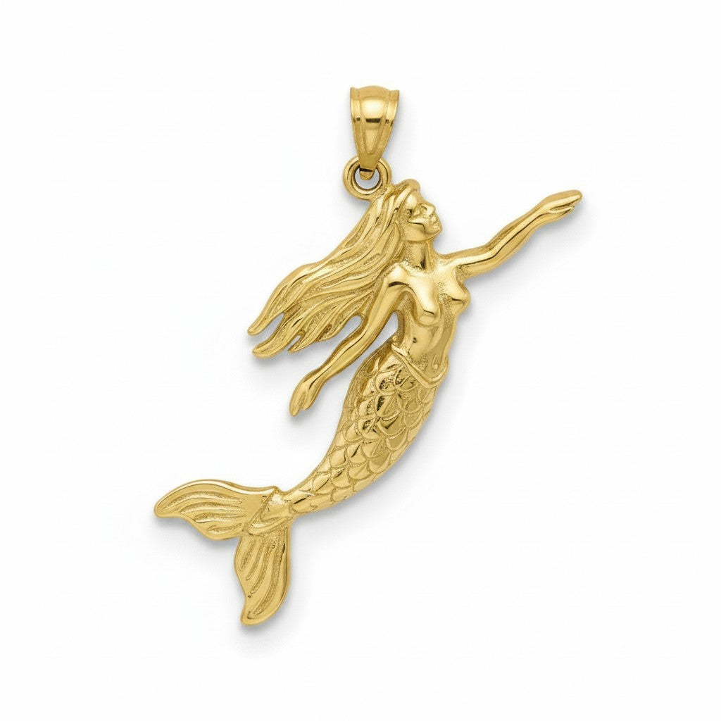Caribbean Gems 14kt yellow gold mermaid pendant with detailed scales and flowing hair on a white background