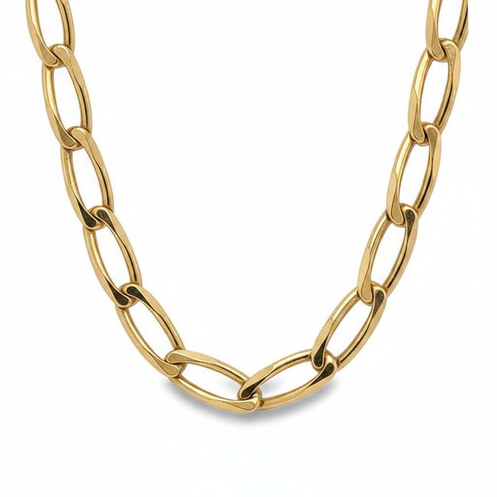 Caribbean Gems 18-inch fancy chain necklace crafted from polished 14kt yellow gold with oval links.