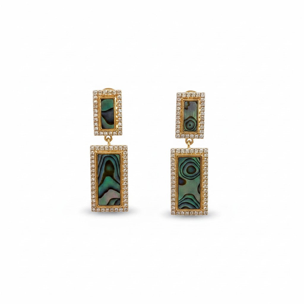 Caribbean Gems rectangular drop earrings featuring iridescent abalone shell inlays framed by sparkling diamonds.
