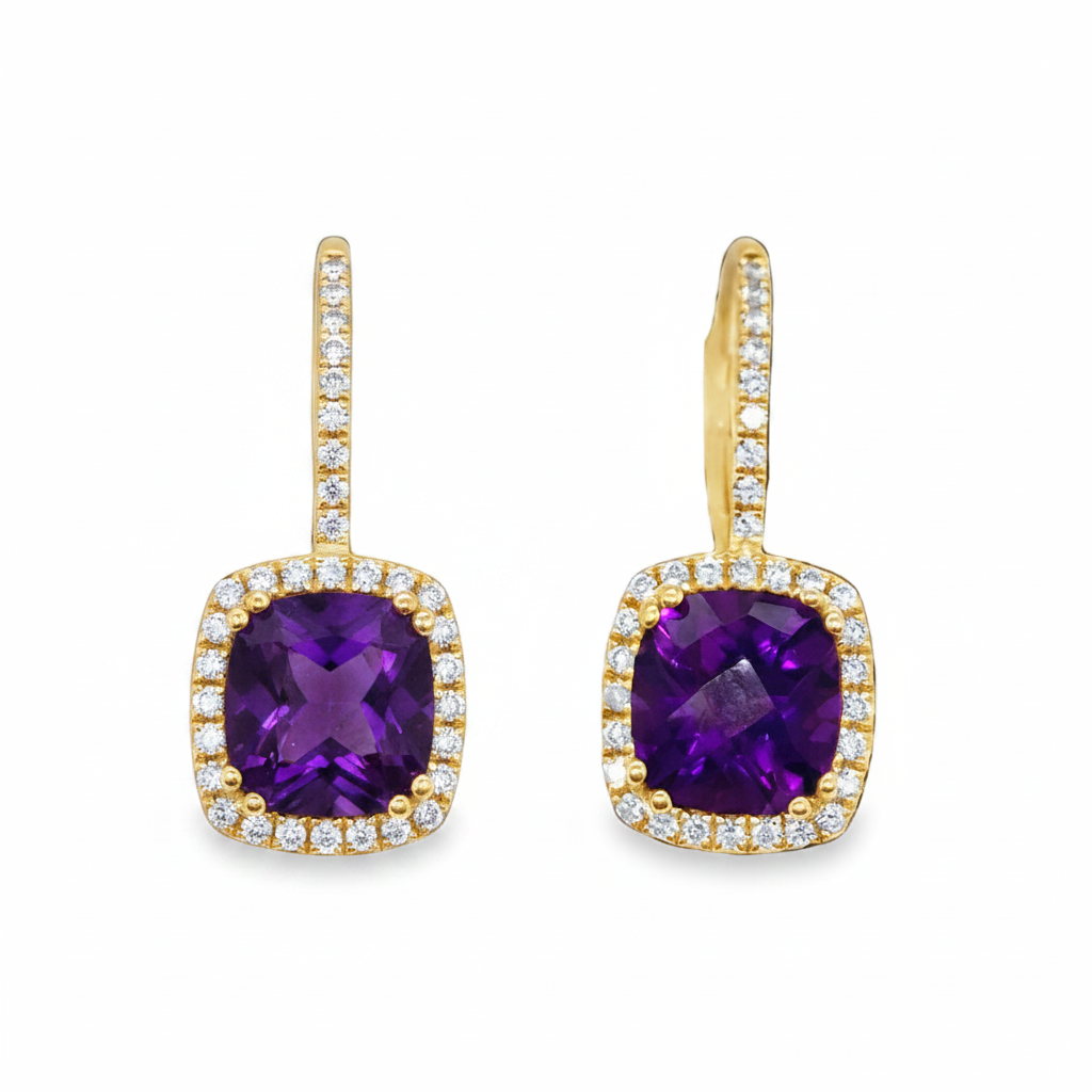 Caribbean Gems dangling earrings in 14kt yellow gold with cushion-cut amethysts and round diamond halos.