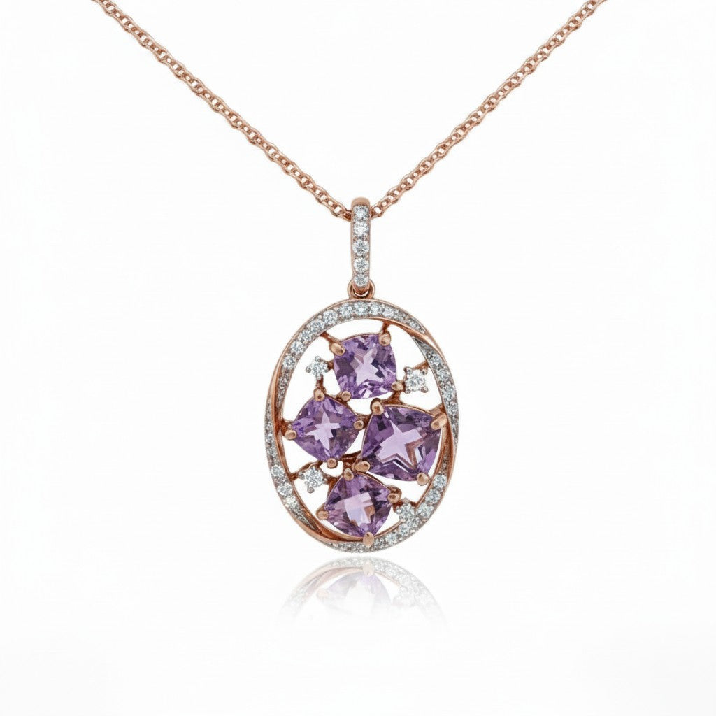 Caribbean Gems 14kt rose gold pendant featuring four amethyst stones surrounded by sparkling diamonds on a chain.