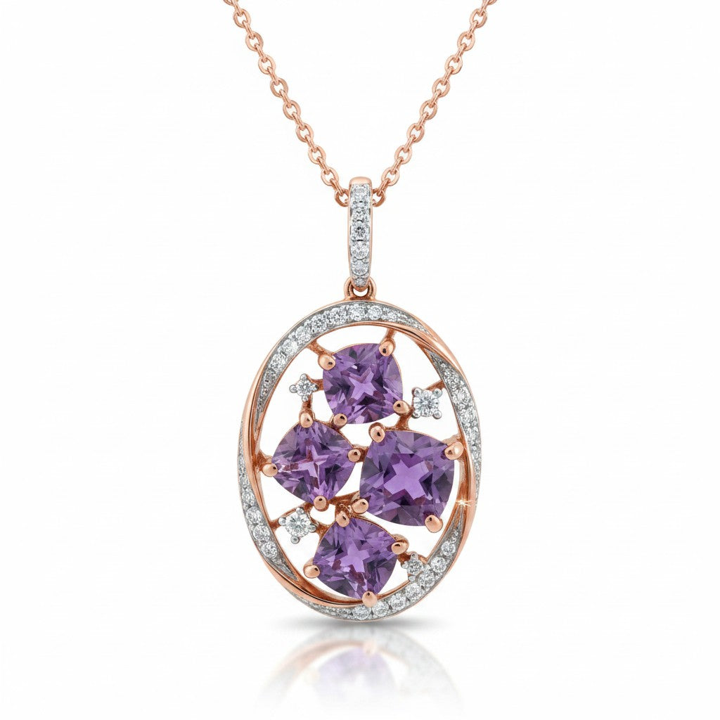 Caribbean Gems 14kt rose gold pendant featuring four cushion-cut amethysts and sparkling diamond accents on a chain.