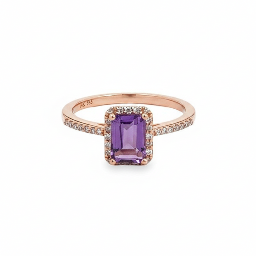 Caribbean Gems emerald-cut amethyst and diamond ring set in 14kt rose gold with a sparkling halo design.