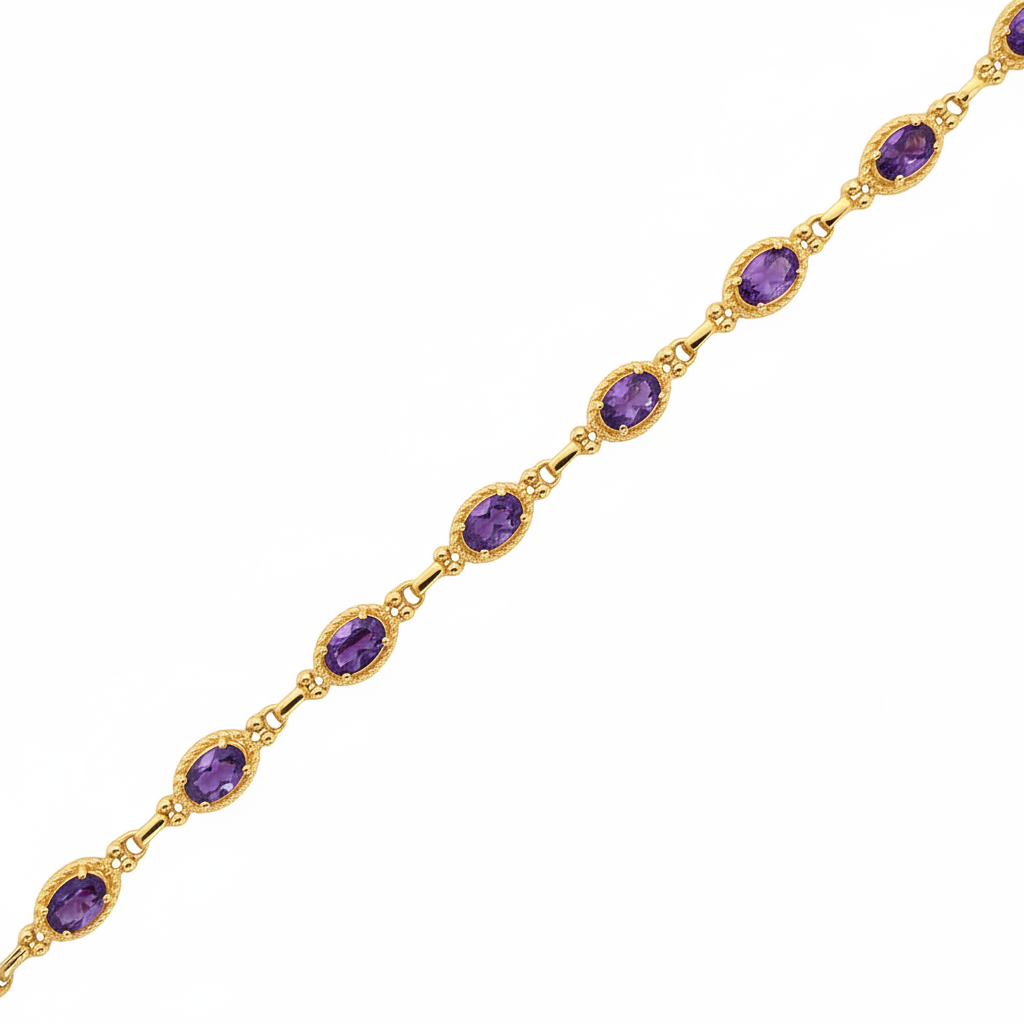 Caribbean Gems elegant bracelet featuring oval amethyst stones set in 14kt yellow gold with delicate filigree details.