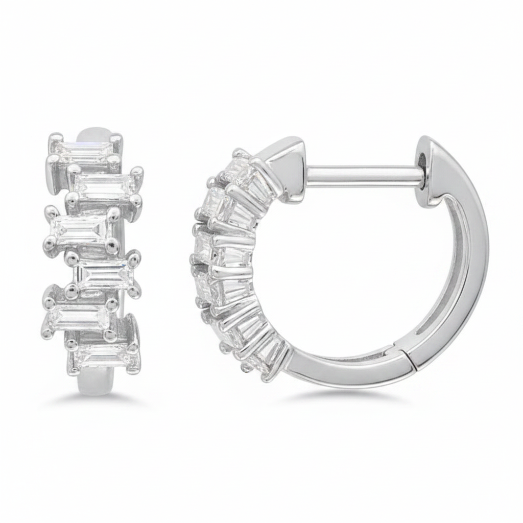 Caribbean Gems 14kt white gold hoop earrings featuring 0.22cts tw baguette cut diamonds in a sparkling cluster design.