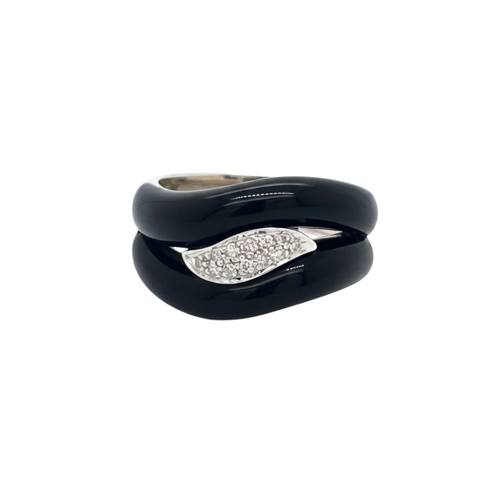 Caribbean Gems black onyx ring featuring a curved band with a sparkling diamond-encrusted leaf-shaped accent.