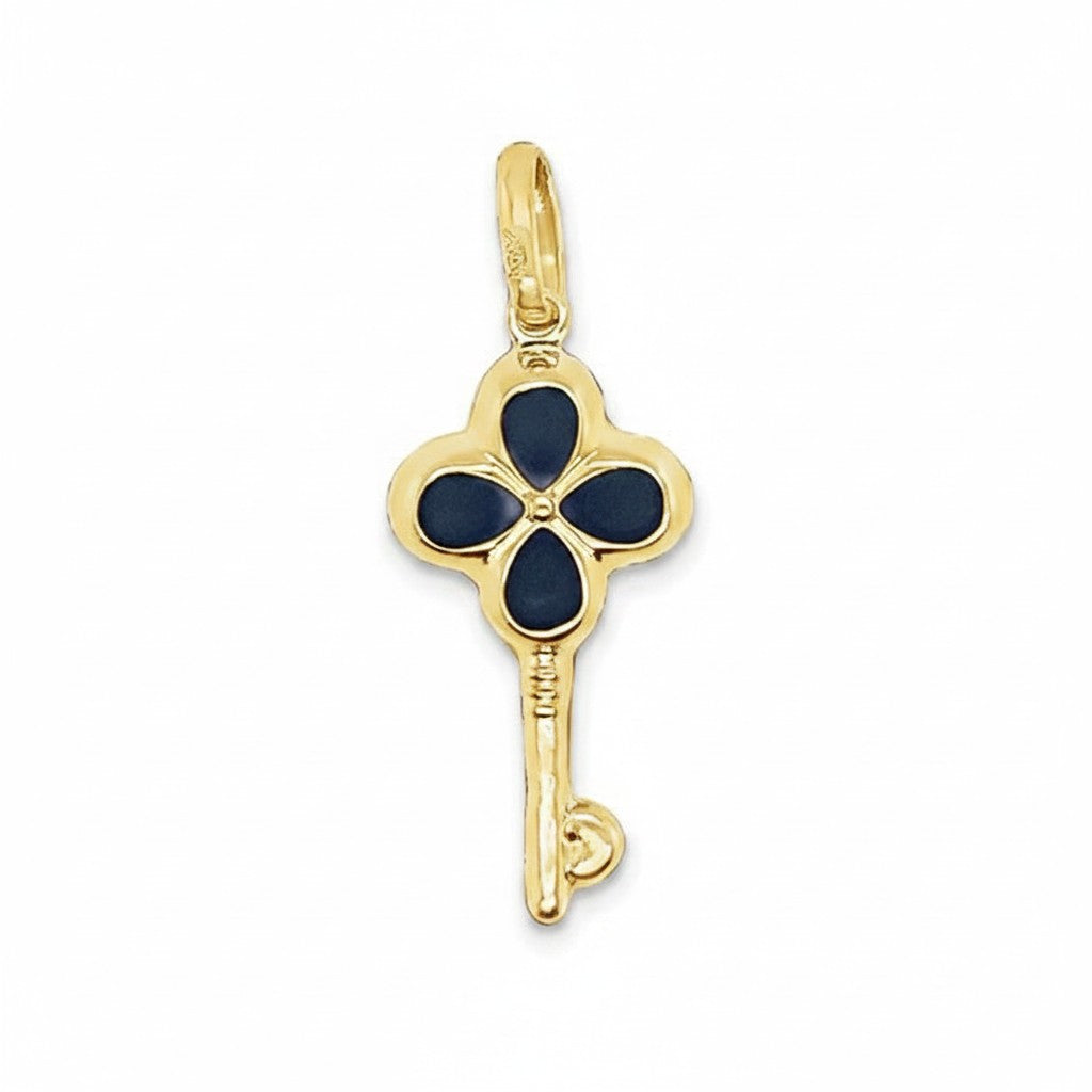 Caribbean Gems 14kt yellow gold key pendant featuring a black onyx clover-shaped top on a white background