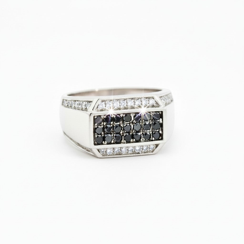 Caribbean Gems men's 14kt white gold ring featuring a rectangular cluster of black diamonds and white diamond accents.