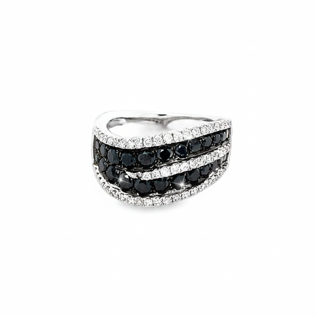 Caribbean Gems 14kt white gold eternity band featuring rows of black and white diamonds in a sophisticated design.