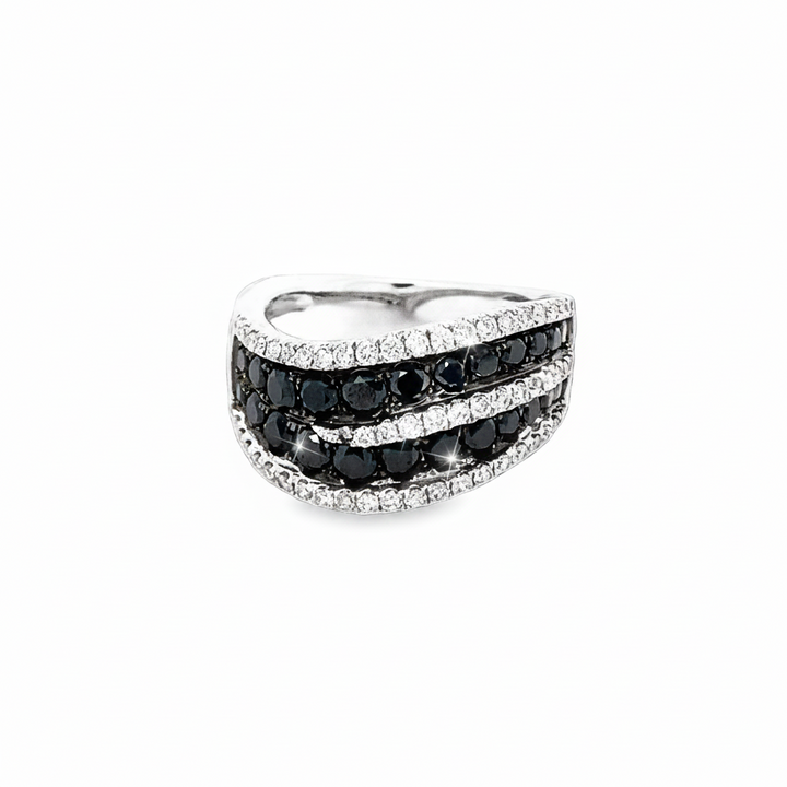 Caribbean Gems 14kt white gold eternity band featuring rows of black and white diamonds in a sophisticated design.