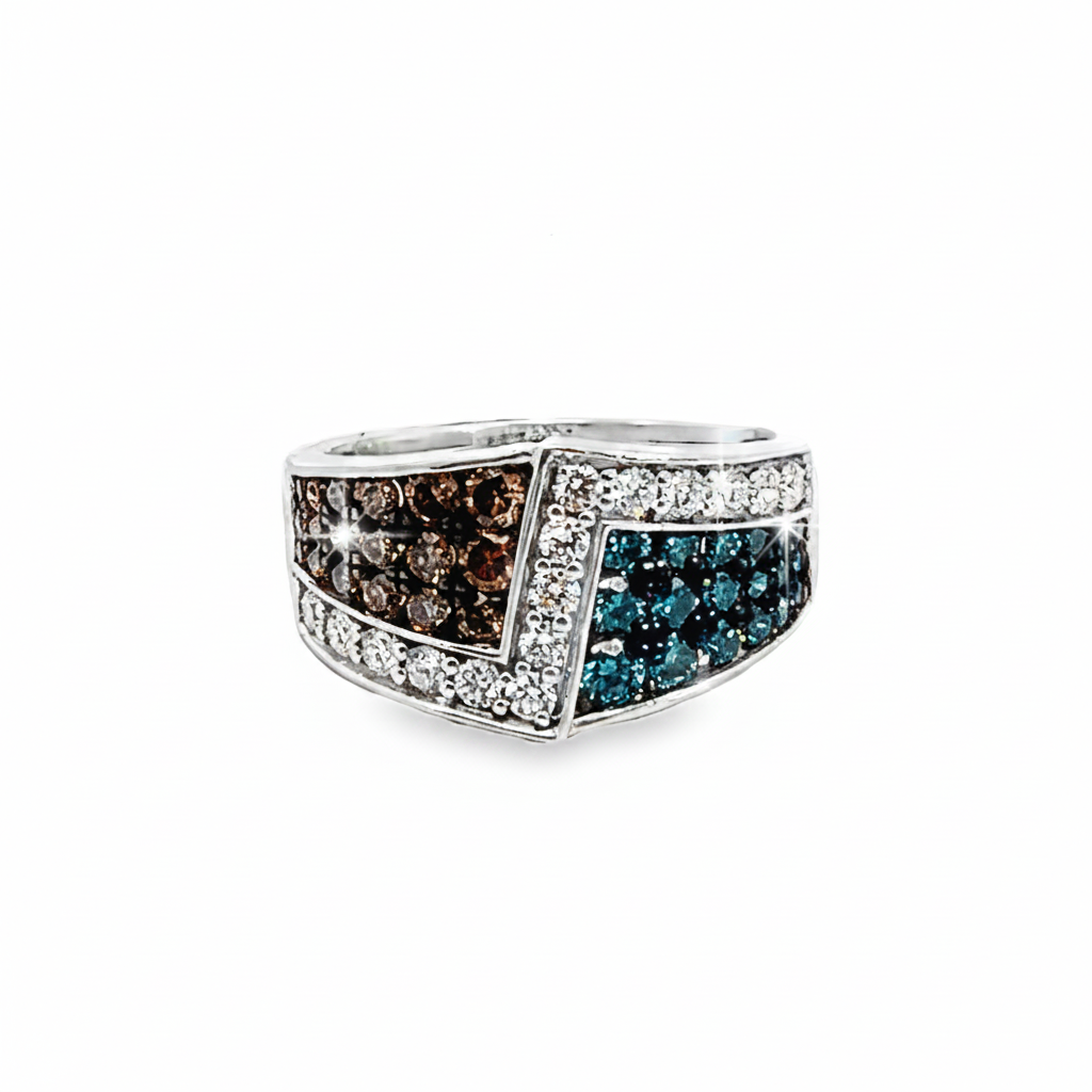 Caribbean Gems 14kt white gold ring featuring blue, chocolate, and white diamonds in a geometric pavé setting.