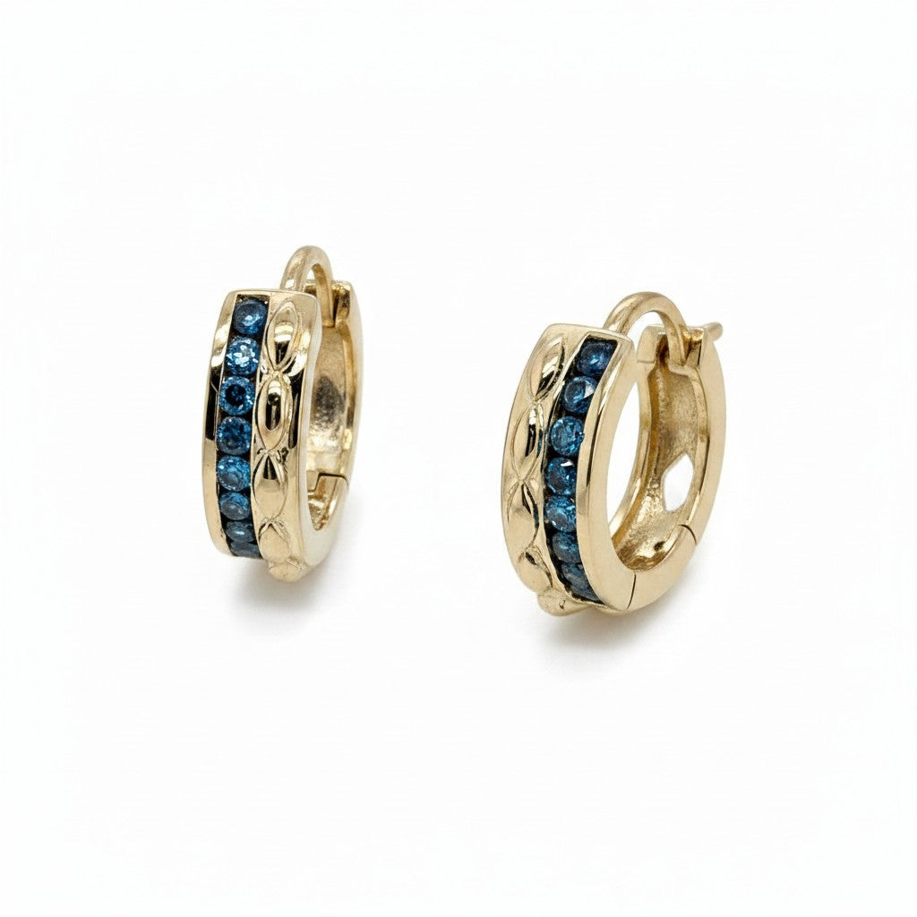 Caribbean Gems 14kt yellow gold hoop earrings featuring a row of sparkling fancy blue diamonds in a classic design.