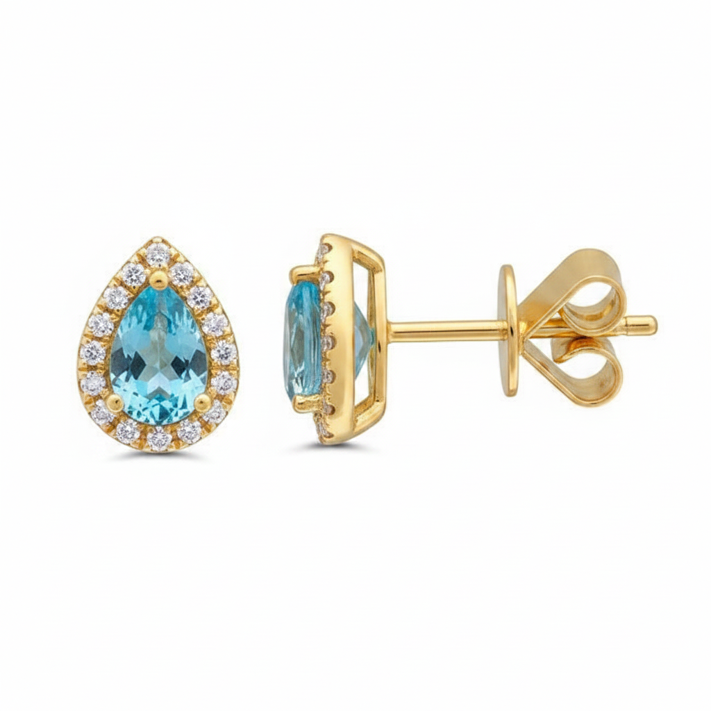 Caribbean Gems pear-shaped blue topaz and diamond halo stud earrings set in 14kt yellow gold