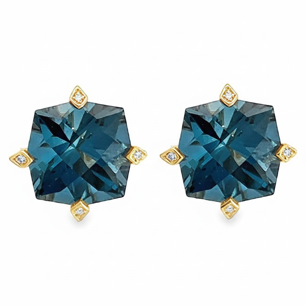 Caribbean Gems London Blue Topaz and diamond stud earrings set in 14kt yellow gold with a square faceted design.