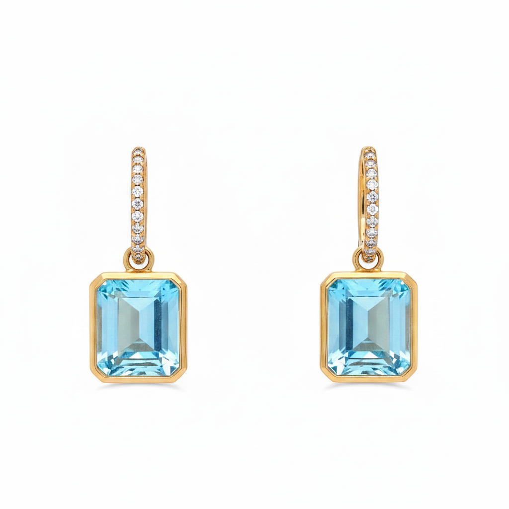 Caribbean Gems 14kt yellow gold earrings with emerald-cut blue topaz and diamond-accented hoops