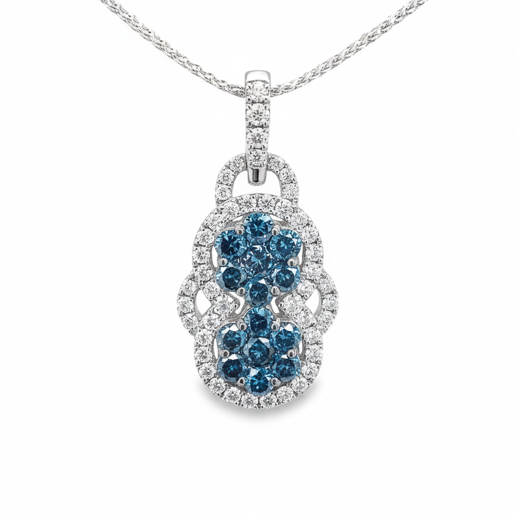 Caribbean Gems 14kt white gold pendant with blue and white diamonds in a double floral cluster design.