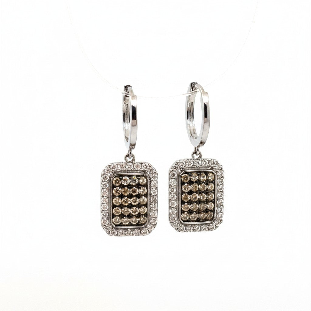 Caribbean Gems rectangular drop earrings featuring chocolate and white diamonds set in polished white gold