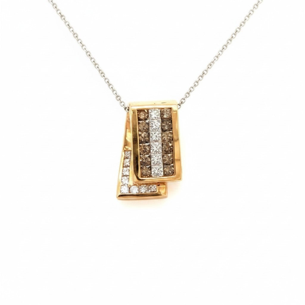 Caribbean Gems pendant featuring a rectangular chocolate and white diamond design set in warm gold on a silver chain.