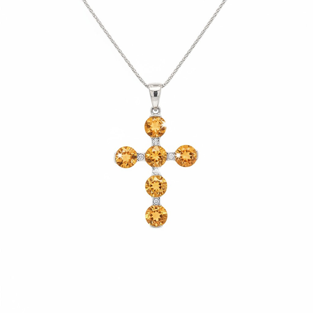 Caribbean Gems citrine and diamond cross pendant in 14kt yellow gold on a delicate chain