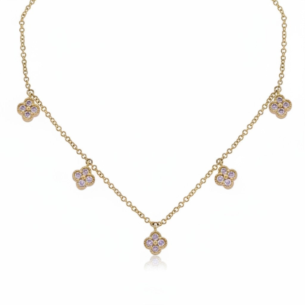 Caribbean Gems 14k yellow gold clover necklace featuring five delicate diamond-encrusted flower charms on a fine chain