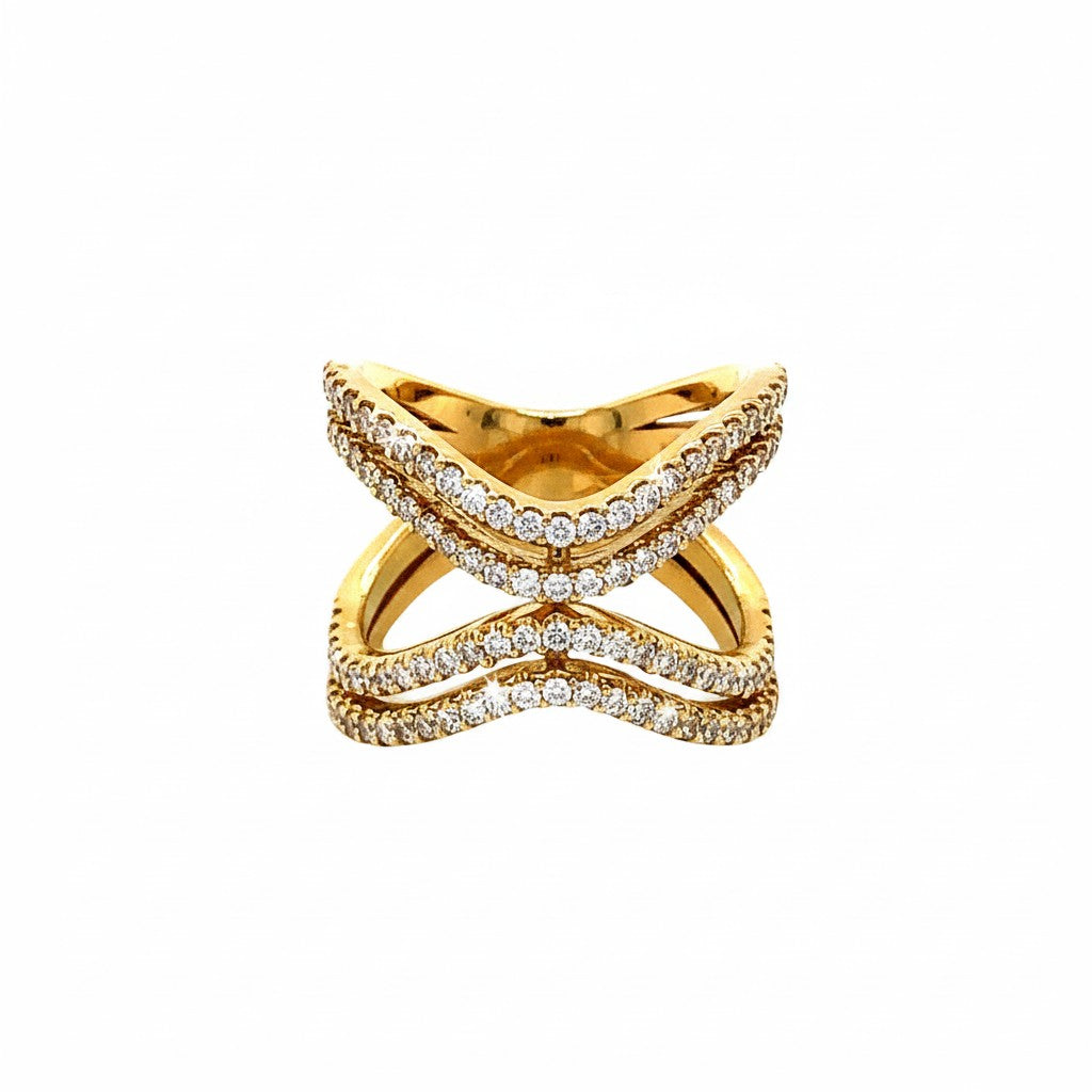 Caribbean Gems 14kt yellow gold crossover diamond band featuring 1.06cts of round brilliant cut diamonds.