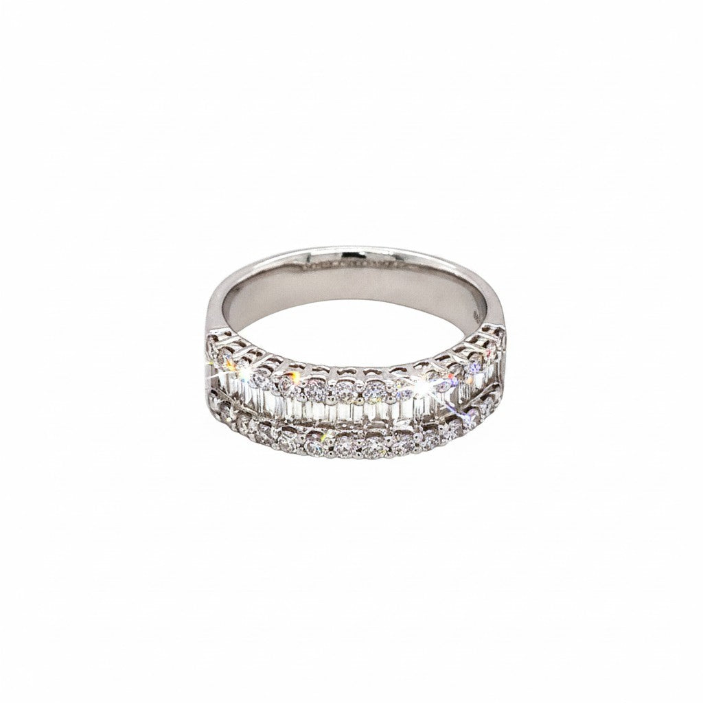 Caribbean Gems 14kt white gold band featuring baguette and round cut diamonds in a sparkling layered design.