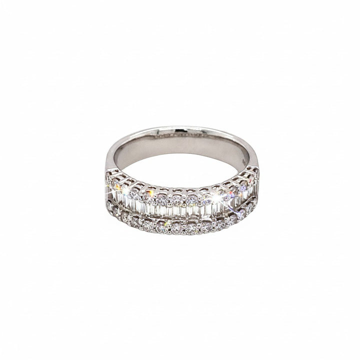 Caribbean Gems 14kt white gold band featuring baguette and round cut diamonds in a sparkling layered design.