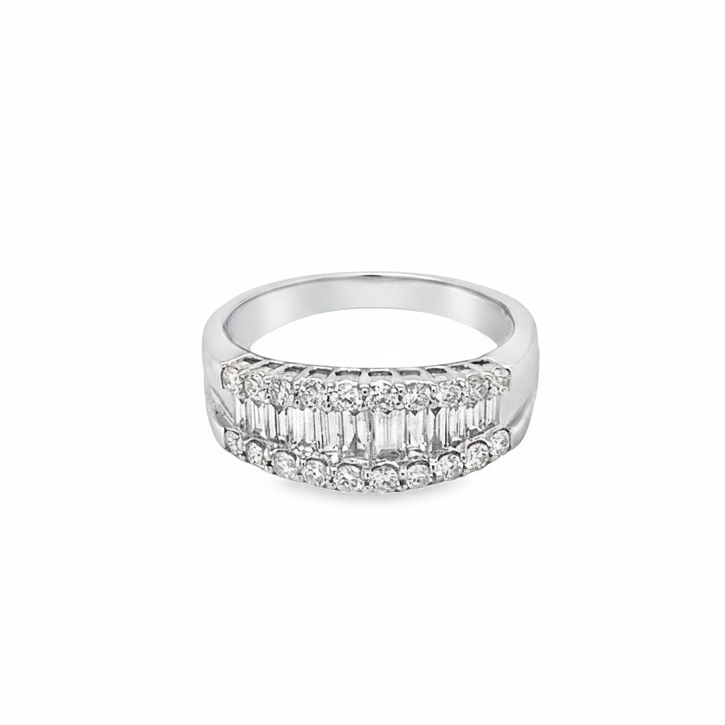 Caribbean Gems elegant diamond band featuring baguette and round diamonds in 14kt white gold on a white background