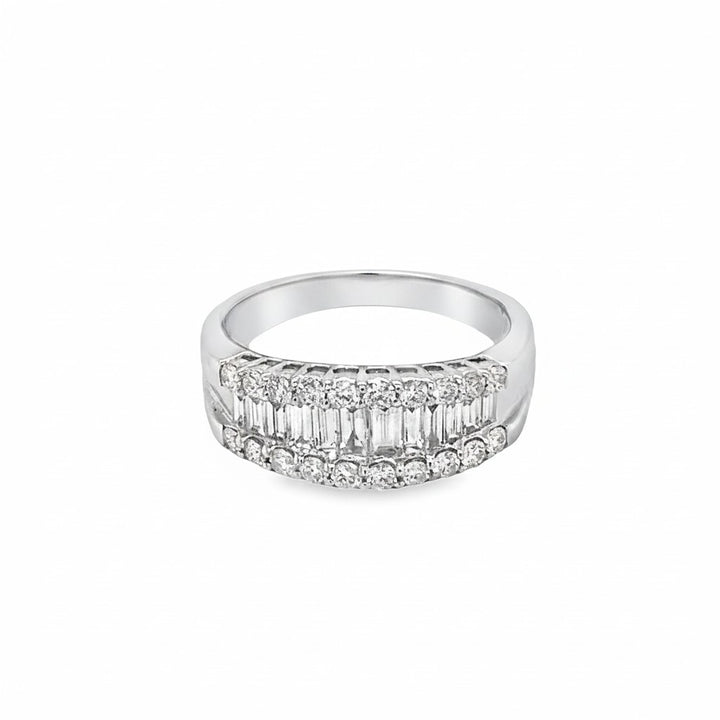 Caribbean Gems elegant diamond band featuring baguette and round diamonds in 14kt white gold on a white background