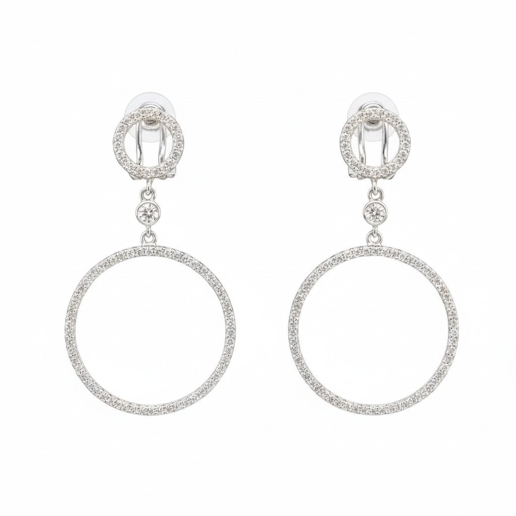 Caribbean Gems diamond circular drop earrings in 14k white gold with a double hoop design on a white background.
