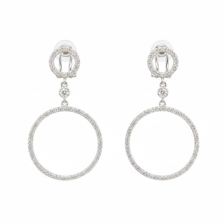 Caribbean Gems diamond circular drop earrings in 14k white gold with a double hoop design on a white background.
