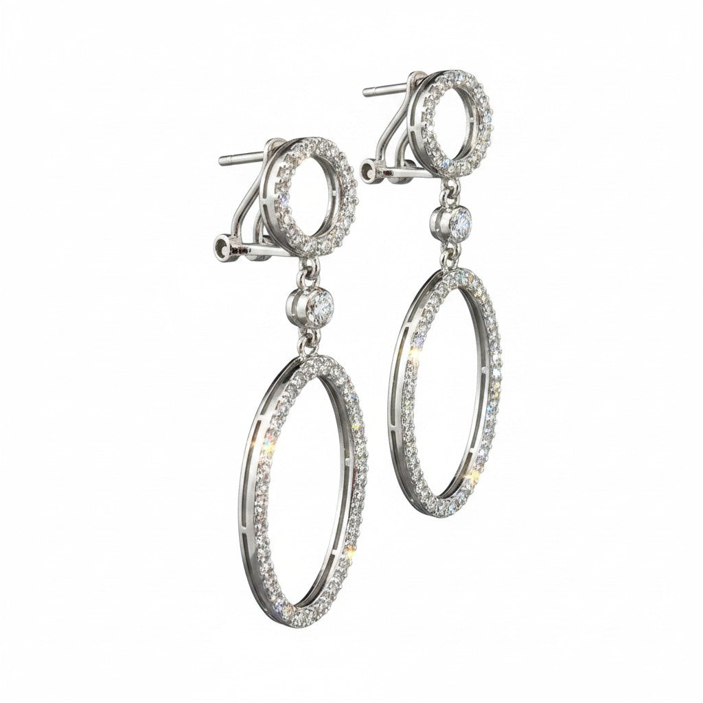 Caribbean Gems diamond circular drop earrings in 14k white gold with pavé-set stones in a dual-hoop design.